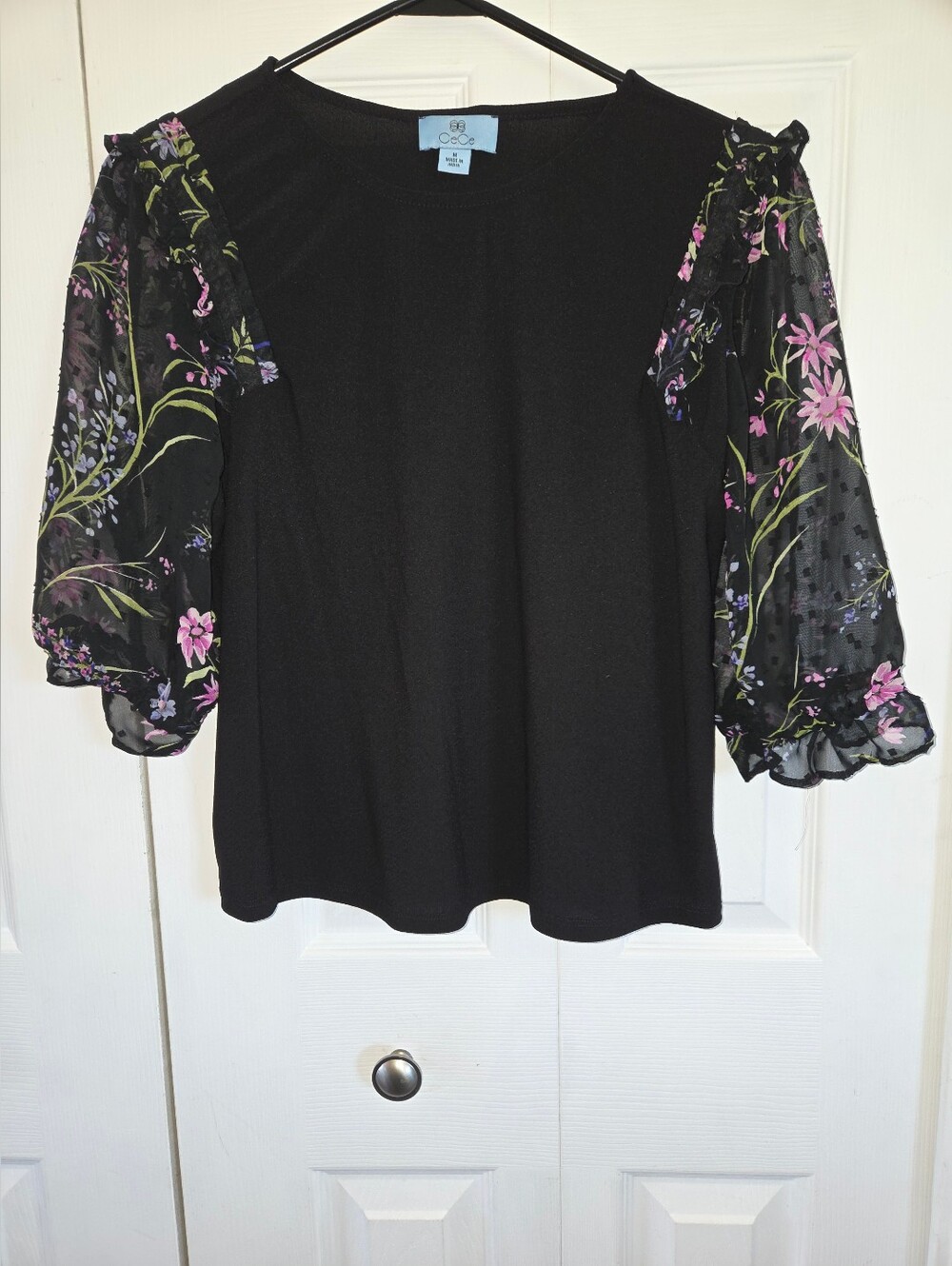 Womens CeCe Black Top with Pink/ Purple Floral Sheer Puff Sleeves Size Med